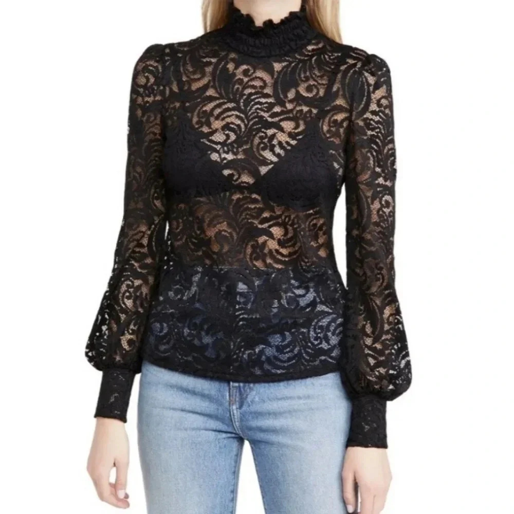 L'Agence Samara Black Sheer Lace Long Sleeve Bell Sleeve Turtleneck Top XS - Picture 1 of 16